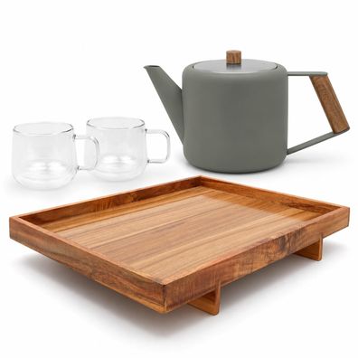 Bredemeijer Teekannen Set grau 1,1 Liter doppelwandig Holztablett Glas-Teetassen