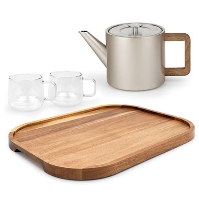 Bredemeijer Teekannen Set Champagne-Metallic 1,1 L Tassen mit Akazienholztablett
