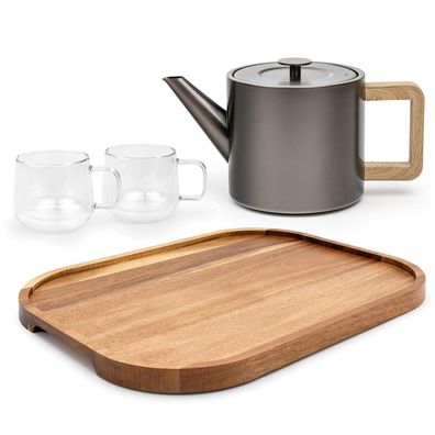 Bredemeijer Teekannen Set Metallic-Grau 1,1 Liter Teetassen & Akazienholztablett