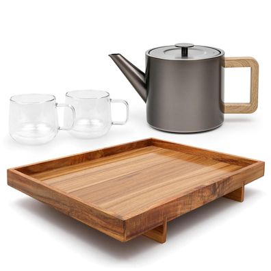 Bredemeijer Tee-Kanne Metallic-Grau 1,1 Liter Teetassen samt Akazienholz-Tablett