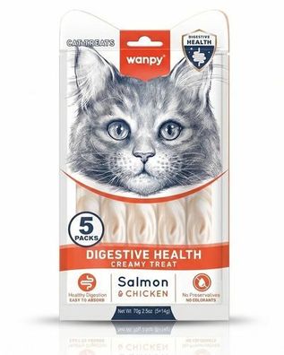 WANPY für Katzen Creamy Treats für eine gesunde Verdauung - Lachs & Huhn, 70 g