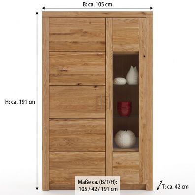 Vitrine Schrank 105x42x191 Vitrinenschrank Wildeiche teilmassiv #4043