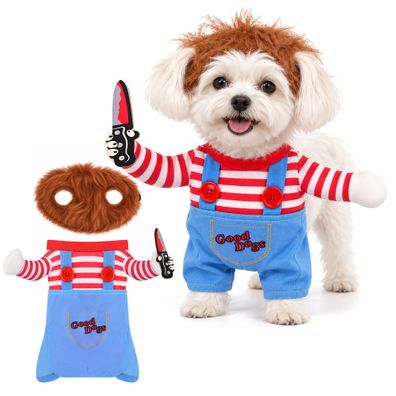 Hundekostüm Purlov Halloween Größe S mit Perücke und Messer, Polyester, Blau Rot
