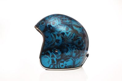 Alpha Speeds Super Flake Jet Helm Biker Chopper Motorrad Jethelm Custom Skull Blau