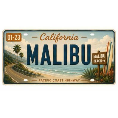 Blechschild 15x30cm - Malibu Pacific Coast Highway Retro California USA Nummernschild