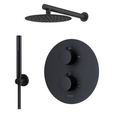 Komplettes Duschsystem LUGO Unterputz Armatur Thermostatisch mit Kopfbrause Schwarz