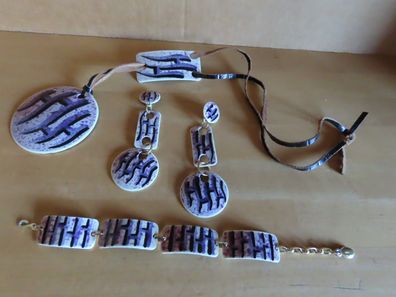 Modeschmuck Ohrringe mit Klipp Armband Kette mit Lederband