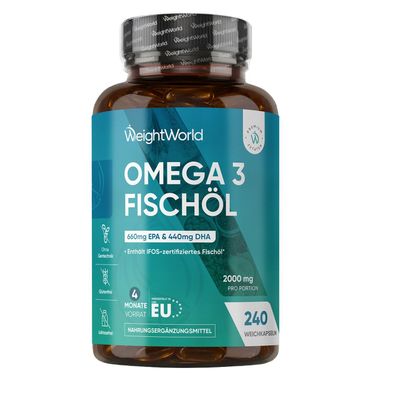 WeightWorld Omega 3 Weichkapseln - 2000mg Fischöl -660mg EPA & 440mg DHA- 240 Kapseln