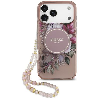 Handyhülle Guess IML Flowers Pearl Strap MagSafe iPhone 18 Pro/17 Pro rosa