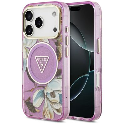 Handyhülle Guess IML Glitter Flowers MagSafe für iPhone 18/17 Pro Max violett