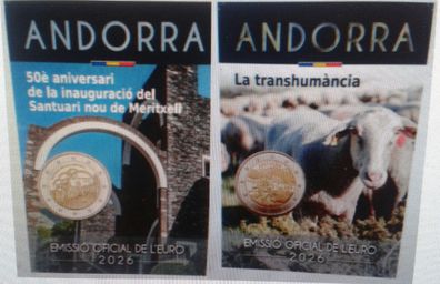 Original 2 x 2 euro 2026 Andorra Almwirtschaft + Heilitum von Meritxell coincards-VVK