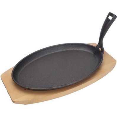 Gusseiserne Servierplatte mit Holzsockel und -griff, Warmhalteplatte, 280 x 140 mm