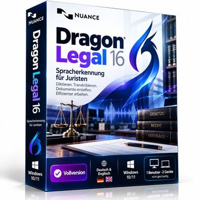 Nuance Dragon Legal 16 Vollversion für Windows | DE & EN | 2 PC