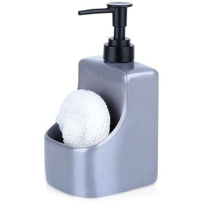 Spülmittelspender mit Schwammbehälter und Schwamm, Keramik, grau, 400 ml