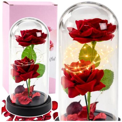Ewige Rosen im Glas LEAN 2 rote Kunstrosen LED Beleuchtung 21x11 cm Geschenkbox