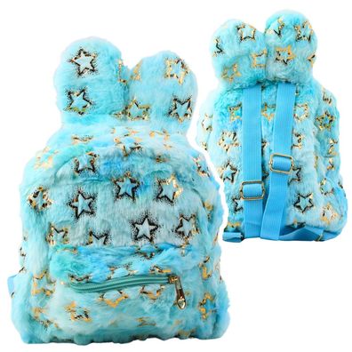 Kinderrucksack LEAN Plüsch mit Ohren und Gold Sternen Blau 24 x 22 cm