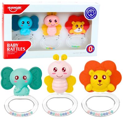 Babyrasseln 3er-Set LEAN Toys mit Beißring, Motiv Tiere, ab 0 Monaten