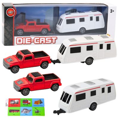 Spielzeugauto Set Geländewagen mit Wohnwagen LEAN Toys Metall Druckguss rot
