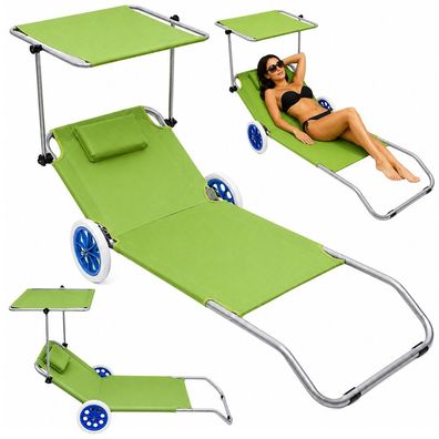 Strandliege LEAN klappbar mit Sonnendach und Rollen Metall Grün 150 x 60 cm