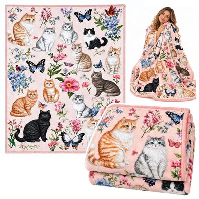 Kuscheldecke LEAN Toys Katzen Blumen Schmetterlinge 150 x 200 cm weich rosa