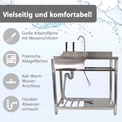 Spültisch freistehend, Wasserhahn mit Kalt Warm Anschluss, Spülbecken Größe L / L