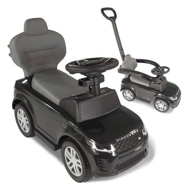 Rutschauto Land Rover schwarz mit Schiebestange, Kinderfahrzeug mit Soundlenkrad / sc