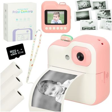 Sofortbildkamera für Kinder IKONKA mit Thermodrucker 32 GB Speicherkarte rosa weiß