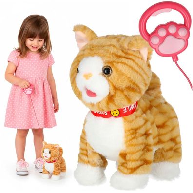 Interaktive Plüschkatze IKONKA mit Leine miaut und läuft beige 28 cm ab 3 Jahre