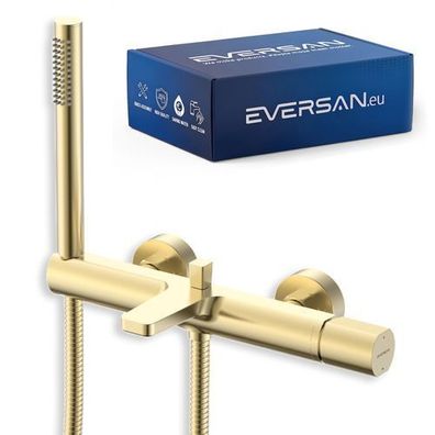 Eversan 3-Loch-Badewannenarmatur Premium LOKE Gold mit Handbrause und Brauseschlauch