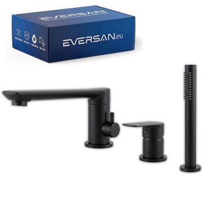 Eversan 3-Loch-Wannenrandarmatur Premium LOKE Schwarz mit Handbrause, Brauseschlauch