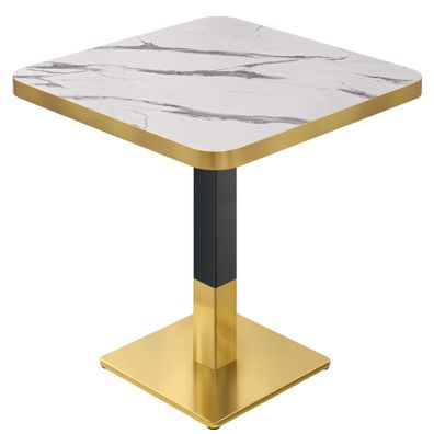 DM | Bistro Tisch | 80 x 80 cm | H 74 cm | Weiß Marmor | Gestell: Schwarz / Gold |
