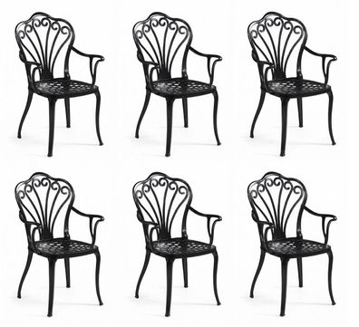 6x Schwarze Metallstühle Armlehnen Garten Esszimmer Design Modern Set