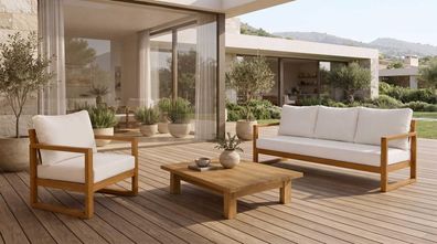 Gartenmöbel-Set aus Holz mit 3-Sitzer-Sofa und Sessel in Weiß