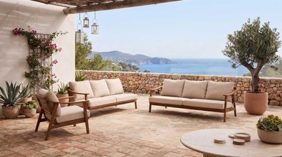 Elegantes Gartenmöbel-Set aus Holz mit 2 Sofas und Sessel in Beige