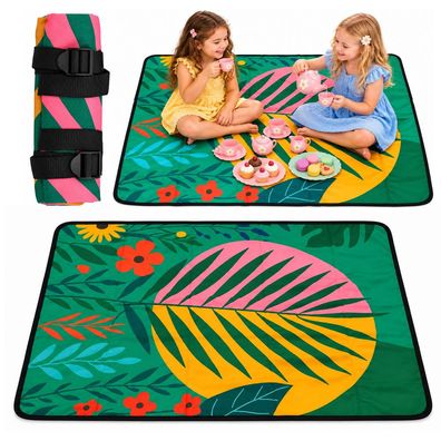 Picknickdecke LEAN Toys 100 x 70 cm faltbar, Tropenmuster grün, mit Trageriemen