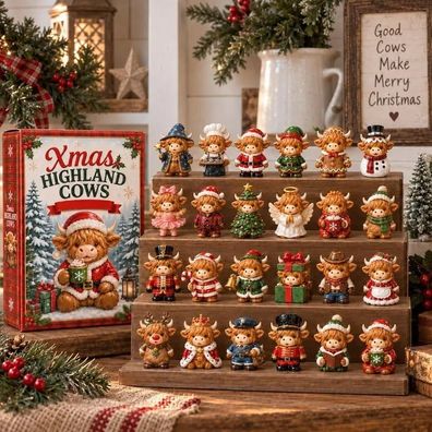 Adventskalender 2026/ Xmas Highland Cow/Kalender/24 Mini Anhänger