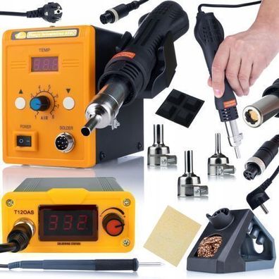 Rosfix Set Lötstation T12 + Heißluftstation 858D – 75W | 3 Düsen, 230V