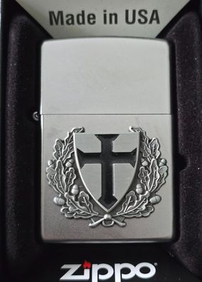 Zippo Templer Shield, Black Cross/Oak Wreth, Emblem (Custom PIN Style) CS #084