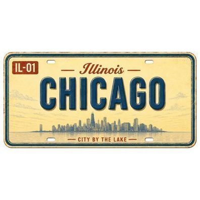 Blechschild 15x30cm - Chicago City By The Lake Retro Illinois USA Nummernschild