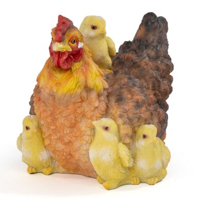 Moritz Gartenfigur Henne mit 4 Küken Huhn sitzend 19,5 cm Polyresin handbemalt Deko