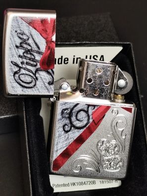 Zippo Valentine HEARTS, Filigrane Gravur/Motivdruck, Chrome Satin Lighter