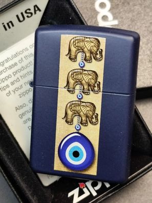 Zippo EVIL EYE - Böses Auge, Nazar, Elefanten, Navy Blue Matte Lighter