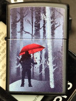 Zippo RED Umbrella FOREST TREE Design, Black Matte Lighter