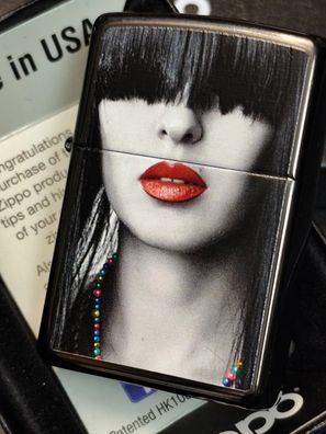 Zippo RED LIPS WOMAN Girl, Ebony Black Lighter
