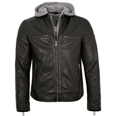 Camp David - Herren Echtleder Lederjacke Kapuze Lammnappa schwarz