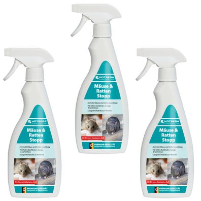 3 x HOTREGA® Mäuse + Ratten Stopp, 500 ml Flachsprühflasche