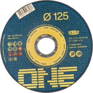 Trennscheibe Tyrolit ONE 125x1,0mm, 41, A60Q-BFO, Stahl/Edelstahl, Eimer VE 100Stk
