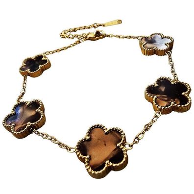 Damen Edelstahl Armband Kleeblatt Braun-Gold verstellbar 17–22,5 cm