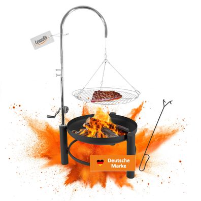 Holzkohlegrill mt schwenkbarem Grillgitter, Feuerschale, Schwenkgrill mit Kurbel
