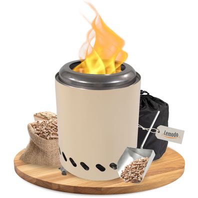 Tischkamin beige für Holzpellets, rauchfreies Tischfeuer, Feuerstelle / beige